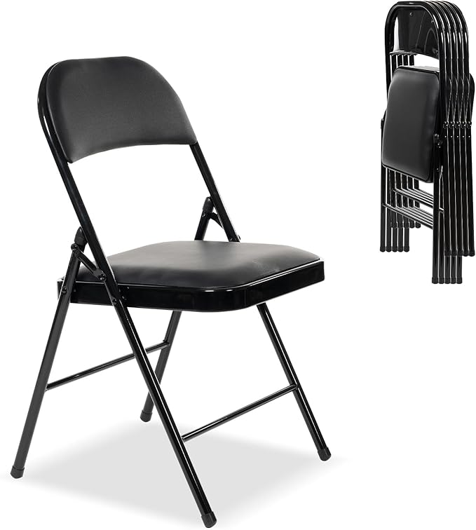 6 Pack Folding Chairs with Padded Seats, Padded Folding Chair with Steel Frame for Events Home Office, Pu Leather Folding Chair Black