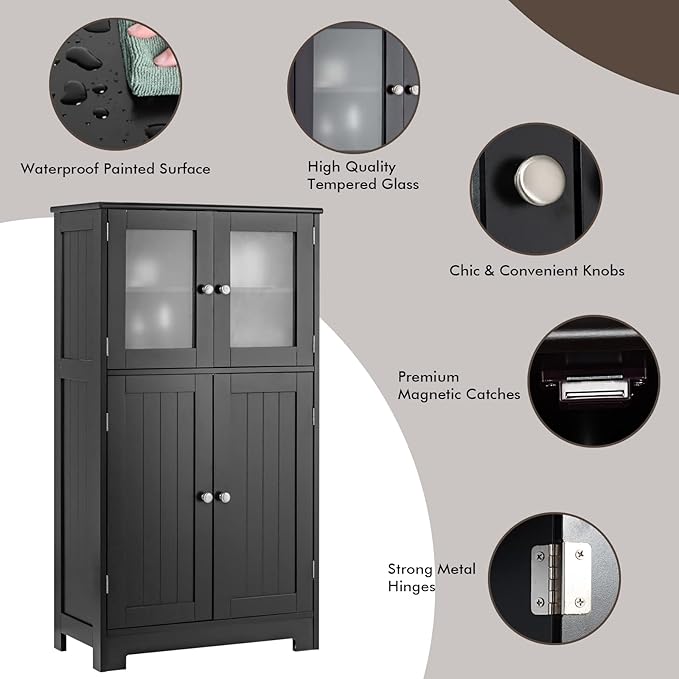 LOKO Bathroom Floor Cabinet, Storage Organizer with Glass Doors, Wooden Kitchen Cupboard with Adjustable Shelf, Versatile Floor Storage Cabinet for Bathroom, Living Room & Kitchen (Black)
