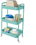 3 Tier Organizer Cart on Wheels, Metal Rolling Storage Cart with Wheels, Mobile Shelving Multifunction Storage Trolley with 4 Hooks fo Laundry Room Bathroom Kitchen Office, Green