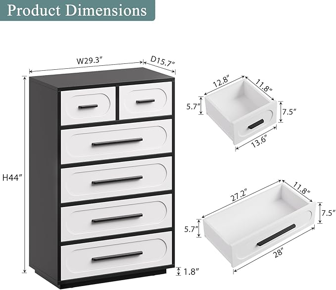 Dresser for Bedroom, 44" Tall Dressers & Chests of Drawers w/Solid Wood Handle, Wood Mid Century Closet Organizers and Storage Cabinet for Bedroom, Living Room, Hallway, Black/White