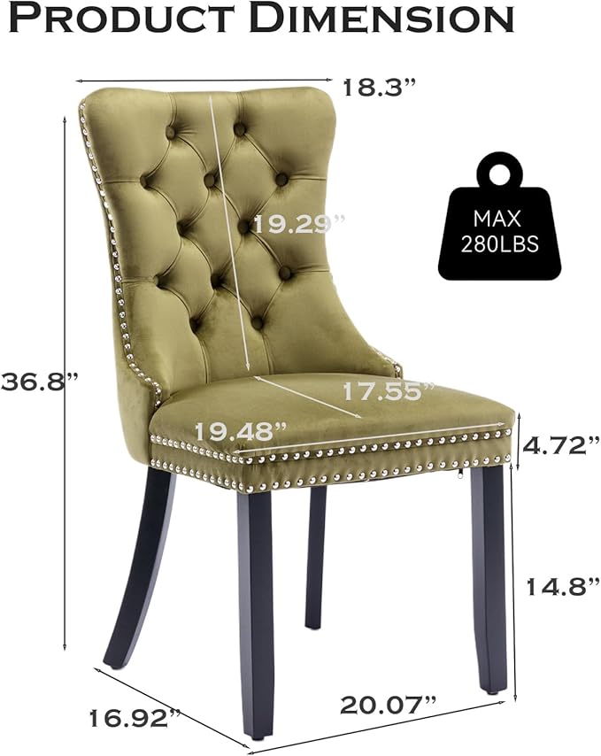 Velvet Upholstered Dining Chairs Set of 6, Modern Style Kitchen Side Chairs with Nailhead Trim and Wood Legs,Metal Pulling Ring for Dining Room Living Room(Olive Green,Set of 6)