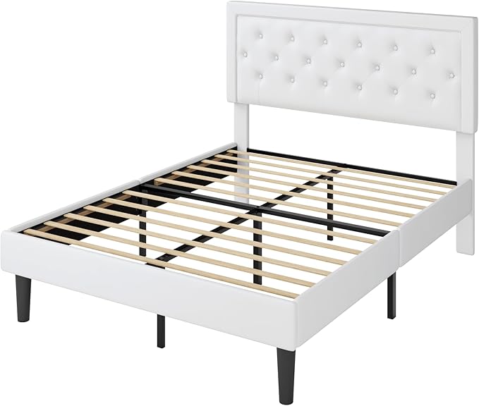 Allewie Queen Size Velvet Upholstered Bed Frame with Adjustable Headboard, Diamond Tufted Design, Wood Slat Support, Noise-Free EVA Strip, Easy Assembly, White