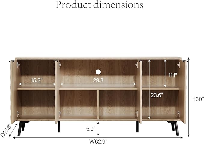 Mid-Century Modern Sideboard Cabinet, 63” Buffet with Storage, Diamond-Textured Credenza with 4 Doors, Multifunctional Accent Cabinet for Kitchen, Dining Room, Living Room (Natural Oak)
