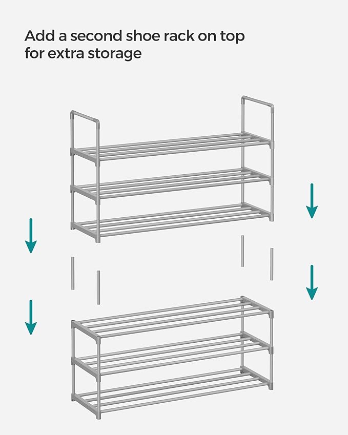 SONGMICS Shoe Rack, 3-Tier Shoe Organizer, Metal Storage Shelf, Upright or Upside Down, for 16-20 Pairs, Stackable, for Entryway, 11.8 x 36.2 x 21.7 Inches, Gray ULSA303G01