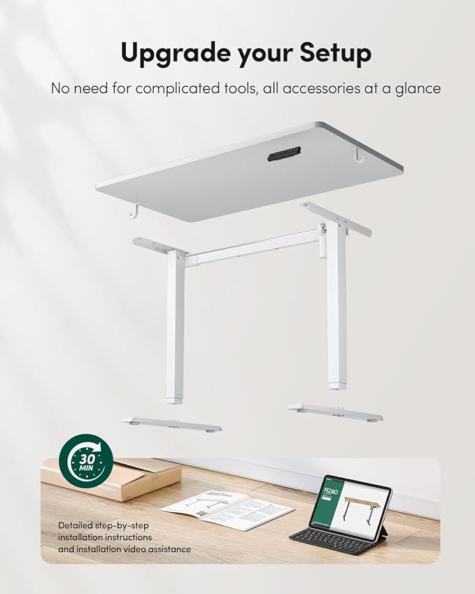FEZIBO One-Piece Standing Desk Adjustable Height Stand up Home Office Desk, 55x24 Inch Electric Standing Computer Desk, with 4 Memory Presets, Headphone Hook, White