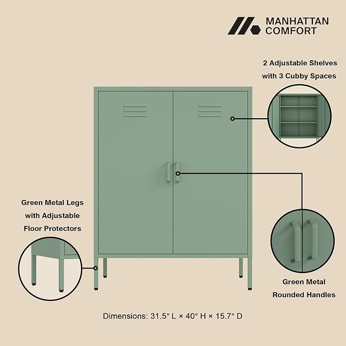 Manhattan Comfort Naomi Modern Metal Accent Cabinet, Minimalist Storage Cabinet with Doors & Adjustable Shelves, Vented Doors, Sturdy Steel Build, Versatile & Multi-Purpose Home Furniture, Green