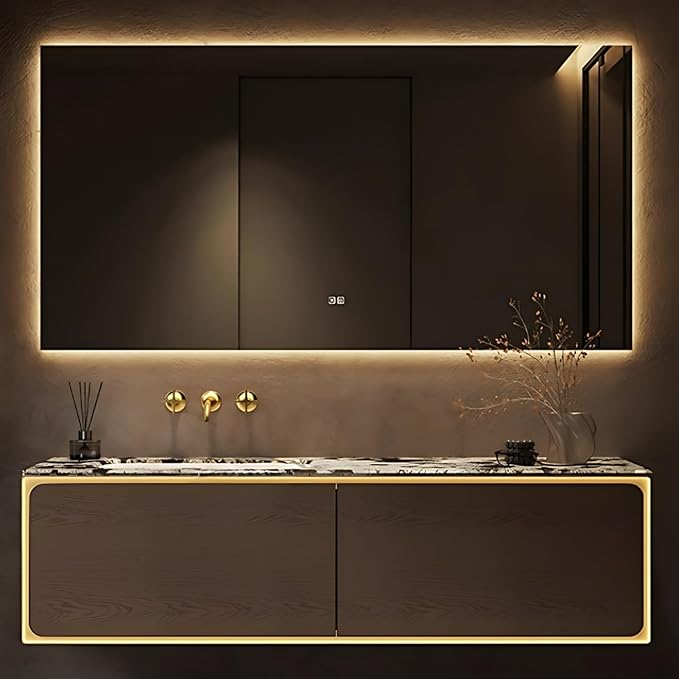 66IN Bathroom Vanity Set with a Single Sink - Embedded Sensor Light Strip & Large Capacity Floating Cabinet | Modern Bathroom Vanities with Defogging Mirror Surface & LED Lighting (Mirror)