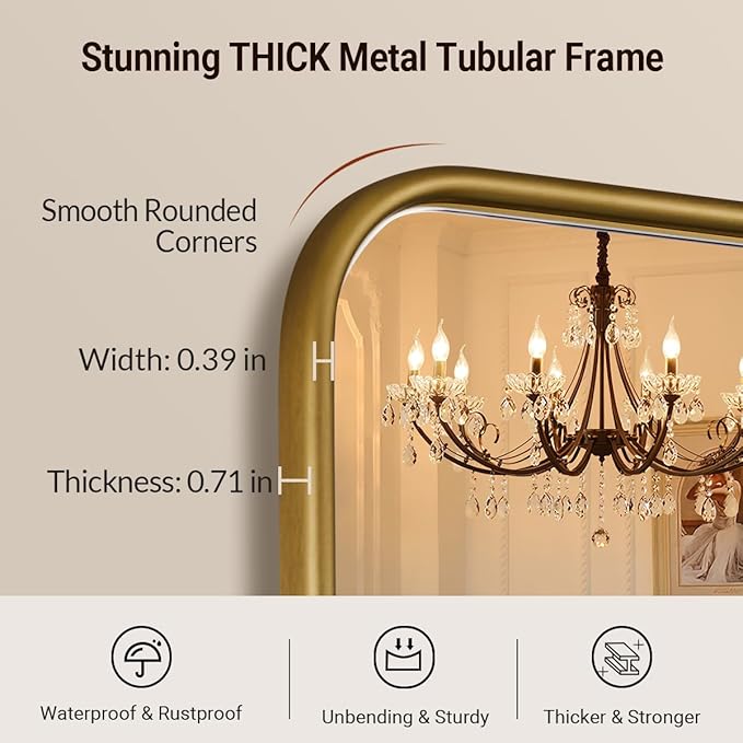 ANDY STAR Bathroom Mirror for Wall, 24x40 Inch Gold Rectangle Mirror for Bathroom with Rounded Corner, Modern Brushed Brass Vanity Rectangular Mirrors with Tube Metal Frame, Explosion-Proof Film