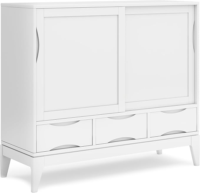 SIMPLIHOME Harper Medium Storage Cabinet - 48 inch Wide Solid Hardwood Sliding Door Cabinet in White, Mid-Century Modern Cupboard for Living Room or Entryway with 3 Drawers and Tapered Legs