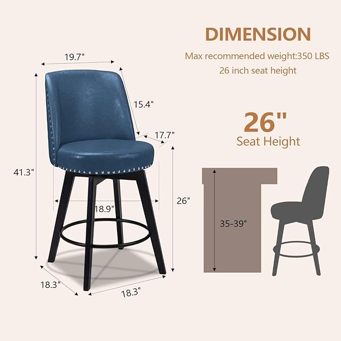 MINCETA Bar Stools Set of 4, PU Leather Barstools, 26 Inch Upholstered Counter Stools with High Back and Footrest, Swivel Counter Height Barstools for Kitchen Island Home Bar Navy Blue