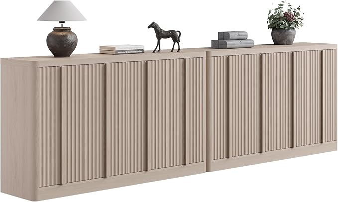Fluted Buffet Cabinet with Storage, 120" Sideboard Buffet Cabinet with 8 Door-Modern Credenza Storage Cabinets with Adjustable Shelves, Solid Wood Handles for Kitchen, Living Room, White Alder(2PC)