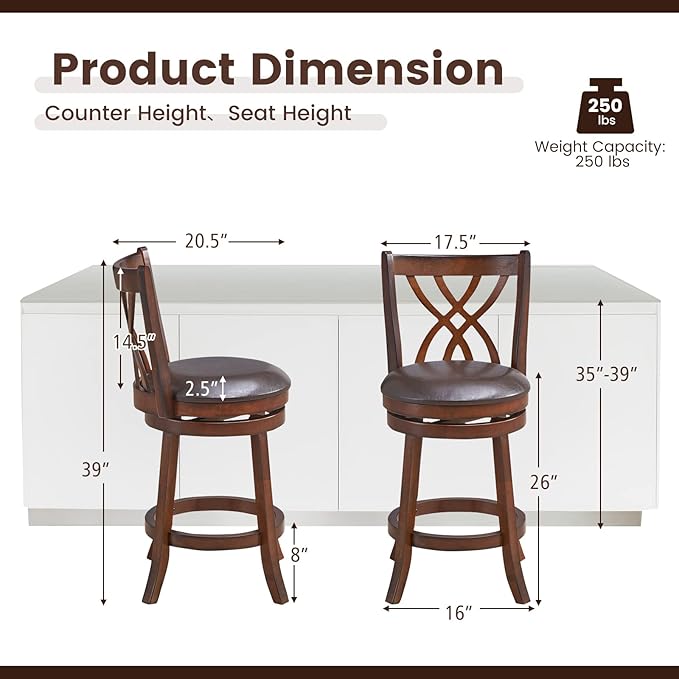 COSTWAY Bar Stools Set of 2, 360° Swivel Chairs with Rubber Wood Frame, 26 Inches PU Leather Cushioned Seat and Footrests, for Kitchen Island, Dining Room, Bar (Brown-26 inches, 2 stools)