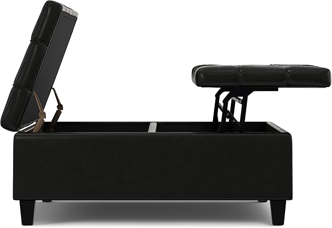 SIMPLIHOME Harrison Large Coffee Table Storage Ottoman - 40 inch Wide Upholstered Vegan Leather Square Lift-Top Ottoman in Midnight Black, Transitional Bench for Living Room with Sturdy Base