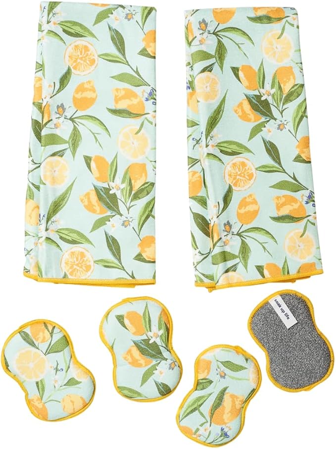 Kitchen Towel and Sponge Set Yellow, 6 Piece Super Absorbent Reusable Quick Dry Towels and Washable Sponges Made from Recycled Materials, Durable Eco Friendly Cleaning Set for Kitchen