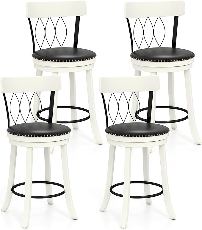 COSTWAY Bar Stools Set of 4, 26” Seat Height Swivel Barstools with Ergonomic Backrest, Soft Cushion & Footrest, Rubber Wood Counter Height Bar Chairs Upholstered Dining Chairs for Kitchen Island