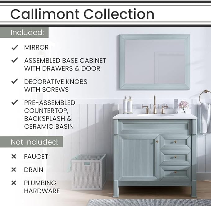 Hanover 36 Set Includes w, Blue Callimont 36'' Vanity Sink Combo for Bathroom, Powder Room | Pre-Assembled 1 Door, 3 Drawers | Accent Mirror| Artificial Stone Countertop Cabinet, 36 inches