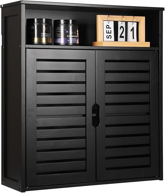 HYNAWIN Wall-Mounted Black Bathroom Cabinet with Double Doors, Bamboo Storage Shelf Organizer for Kitchen, Living Room, or Bathroom