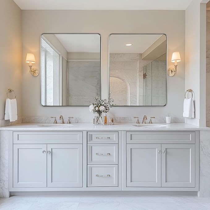 ANDY STAR Wall Mirror for Bathroom, 30x36 Inch Brushed Nickel Bathroom Rectangle Mirror, Modern Rectangular with Thick Tube Metal Frame for Vanity Over Sink, Horizontal/Vertical