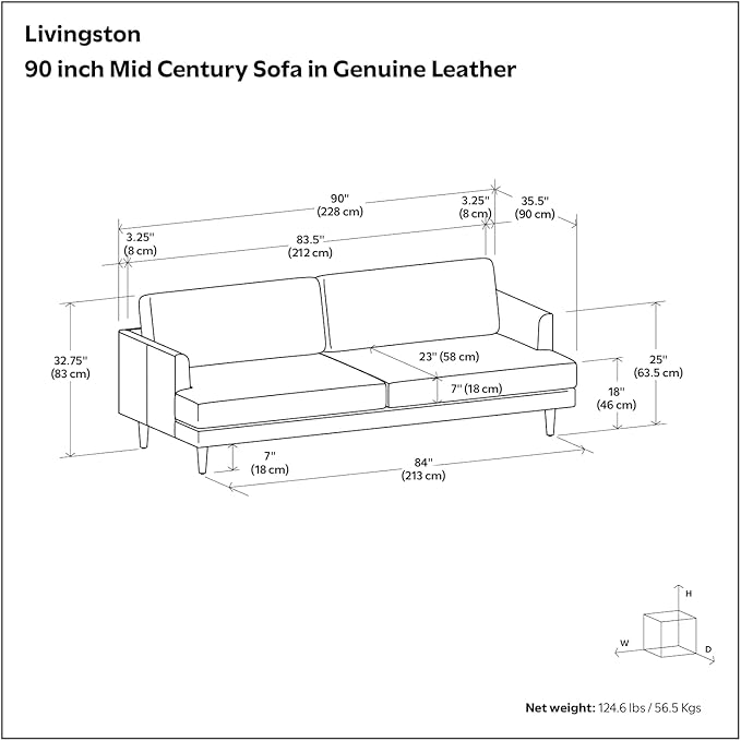 SIMPLIHOME Livingston 90-inch Wide Sofa in Coal Top Grain Genuine Leather, Handcrafted Mid-Century Modern Couch for Living Room, Large 3-Seater with Feather-Wrapped Cushions and Solid Wood Frame