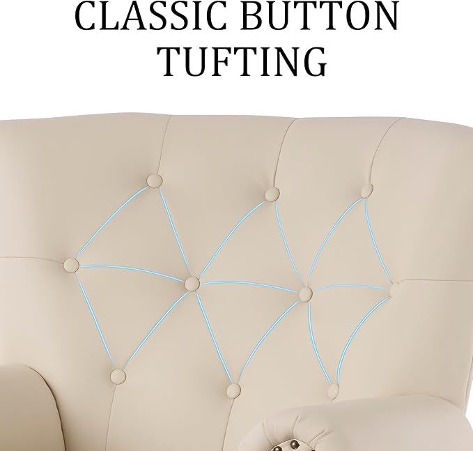 Modern Faux Leather Accent Chair, Upholstered Mid-Century Armchair with Solid Wood Legs, Single Sofa Chair for Living Room, Bedroom, or Reading Room（Ivory White）