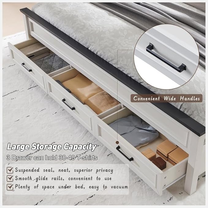 ACCOHOHO Farmhouse Queen Size Bed Frame with 52" Tall Headboard, Wood Platform Bedframe with Footboard and Storage Drawers, No Squeak, No Box Spring Needed, Off White