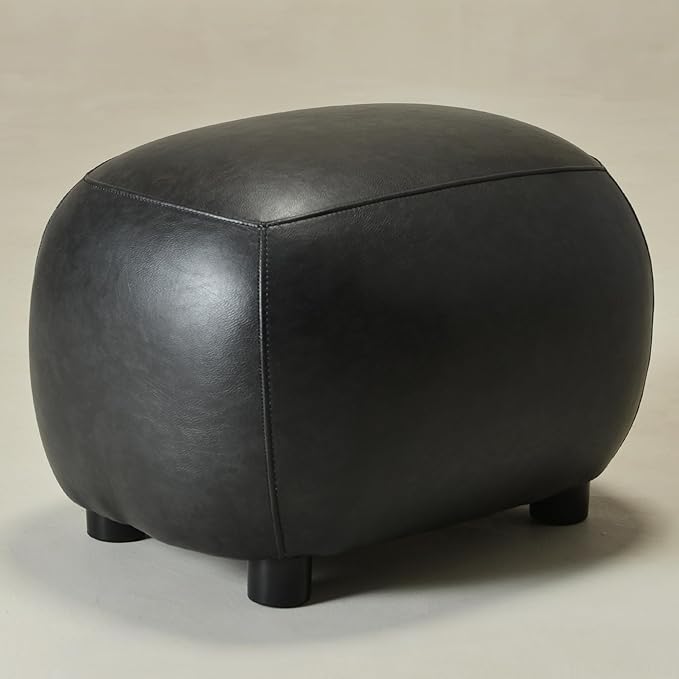 KINWELL 23" Wide Faux Leather Upholstered Ottoman, Mid-Century Modern Living Room Footrest with Soft Padded Seat, Footstool for Bedroom, Entryway or Living Room, Black