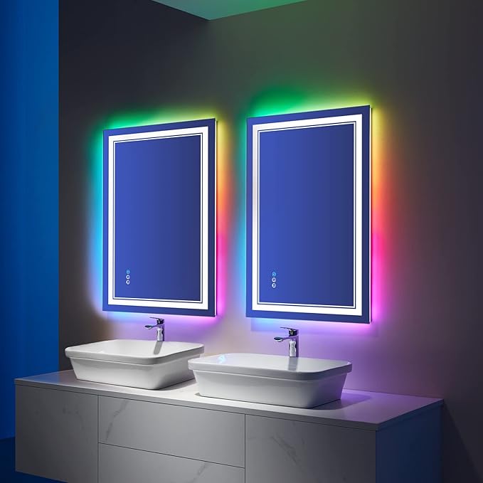 28x36 inch LED Bathroom Mirror RGB Color Changing Backlit Mirror Shatterproof Dimmable Anti-Fog Vanity Mirror with Double Lights (RGB Multicolor Backlit + Adjustable Front-Lighted)