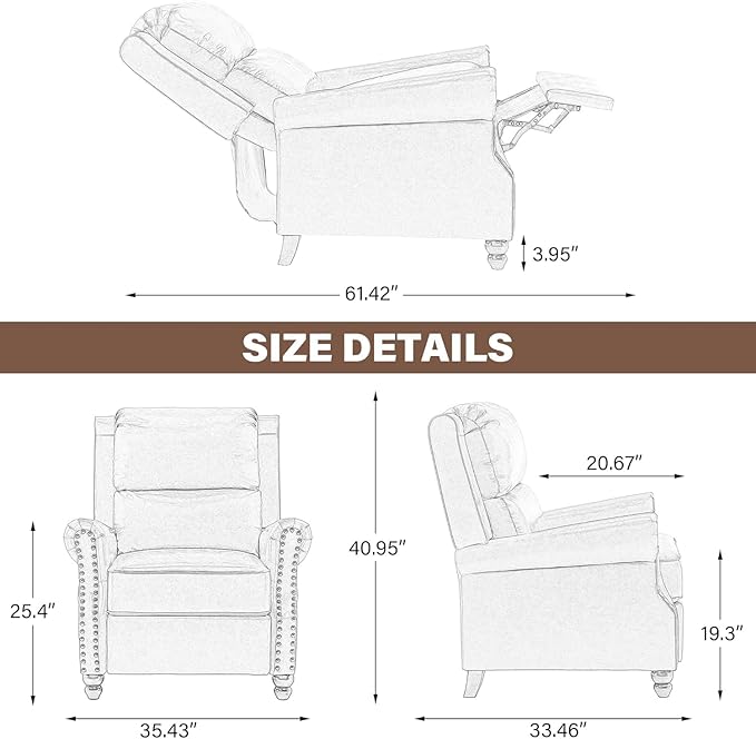 UIXE Pushback Recliner Chairs Set of 2, Fabric Armchair Push Back Accent Chair for Living Room, Rivet Trim Club Chair Overstuffed Home Theater Bedroom Reading Seat - Stripe Gray