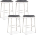 COSTWAY Upholstered Bar Stools Set of 4, 29-Inch Backless Counter Height Dining Stools with Delicate Wood Carving, Footrest, Solid Rubber Wood Frame, Farmhouse BarStools for Kitchen Island Bar, White