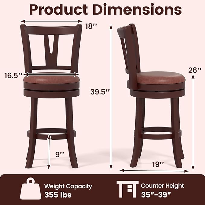 COSTWAY Barstools Set of 4, Faux Leather Upholstered Bar Stools with High Backs and Footrests, Armless Kitchen Island Dining Chairs with Solid Wood Legs, Cappuccino (4, 26'' Seat Height)