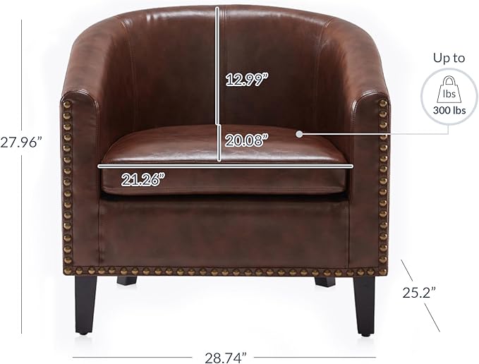 BELLEZE Accent Barrel Chair, Modern Faux Leather Tub Club Chair Upholstered Armchair with Gold Nail Head Trim and Black Legs for Living Room Bedroom Apartment Lounge - Brown