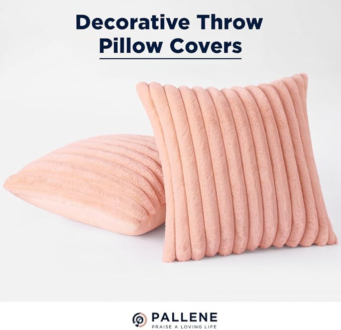 Pallene Faux Fur Plush Throw Pillow Covers 22x22 Set of 2, Luxury Soft Fluffy Striped Decorative Pillow Covers for Sofa, Couch, Living Room, Pink