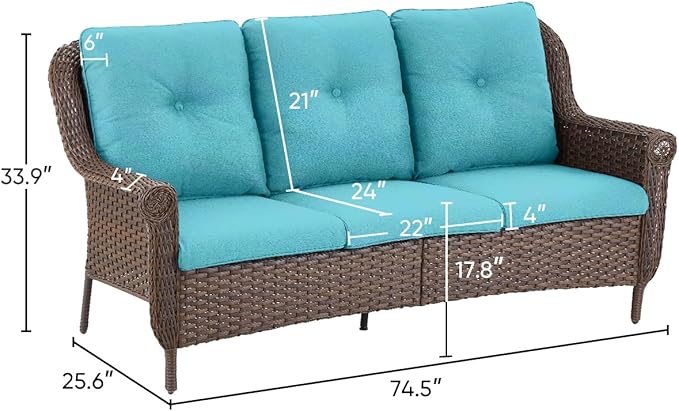 Patio Sofa Outdoor Wicker Couch - Heavy Duty All-Weather Brown Rattan 3-Seater with High Back and Comfortable Thick Cushions for Garden Back Porch Poolside Apartment - Turqoise