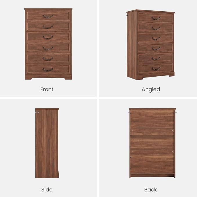 DICTAC Farmhouse 6 Drawers Dresser for Bedroom, 48.2" Tall Dressers Chest of Drawer, Large Storage Closet Organizer with Natural Texture and Vintage Metal Handle, Wooden Vertical Dresser for Hallway