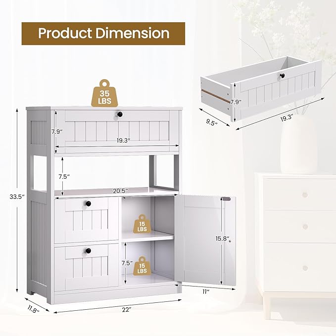 Bathroom Cabinet, Modern Bathroom Floor Storage Cabinet Organizer with 3 Drawers and Adjustable Shelves, Home Furniture for Multifunction in Living Room, Hallway, Kitchen, White