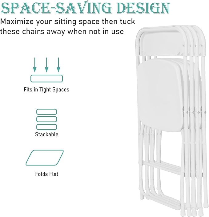 100 Pack Plastic White Folding Chairs, Portable Stackable Commercial Party Folding Chairs with Steel Frame 350lbs for Home Office Outdoor Indoor Office Wedding Party Event