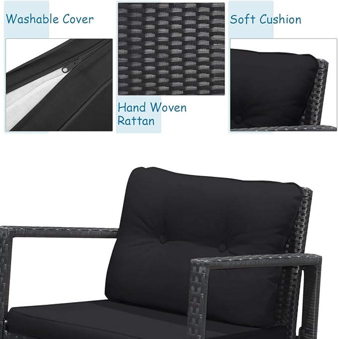 COSTWAY 3 Pieces Patio Rattan Rocking Chair Set, Outdoor Conversation Furniture Sets with Coffee Table, Storage Shelf and Cushions, Modern Bistro Set for Porch, Backyard, Garden, Black