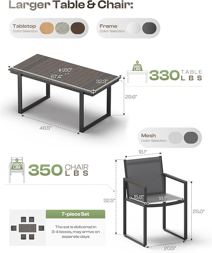Outdoor Dining Set, Patio Table and Chairs Set, 7 Piece HDPS + Aluminum Patio Furniture Set with Umbrella Hole, Patio Dining Table Set (Charcoal)