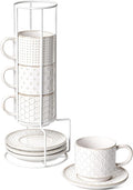LE TAUCI Stackable Cappuccino Cups 8 oz with Saucers and Stand, Ceramic Large Latte Cup for Au Lait, Cafe, Mocha,Tea, Dishwasher Oven Safe - Set of 4, Arctic white