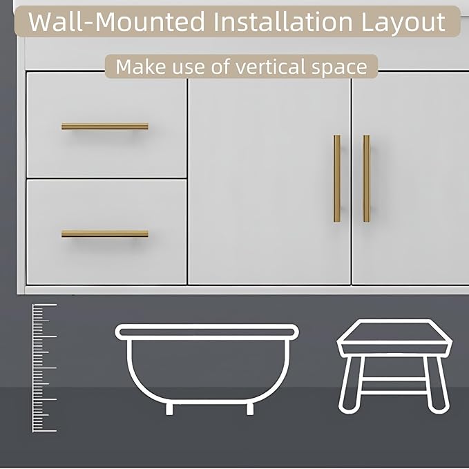 56IN Modern Bathroom Vanity - LED Intelligent Mirror Cabinet Includes Time Display & Defogging | Bathroom Cabinet with Sink & Open Storage Compartments, Ceramic Washbasin, 4 Drawers (Style B)