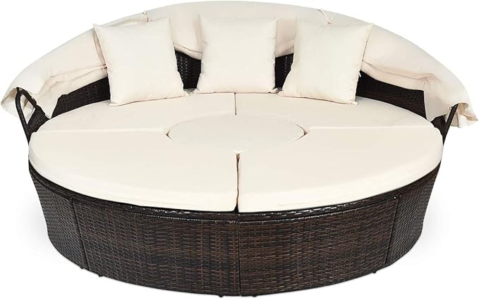COSTWAY Patio Round Daybed with Retractable Canopy, Wicker Furniture Sectional Couch with Separate Cushioned Seats, Adjustable Table Top, Patio Rattan Daybed Sofa for Backyard, Poolside, White