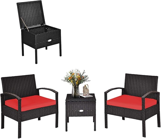 COSTWAY Rattan Patio Furniture Set 3 Pieces, Wicker Conversation Set with Tempered Glass Coffee Table, Seat Cushions, Outdoor Chair Wicker Sofa for Backyard Balcony Porch Poolside, Red