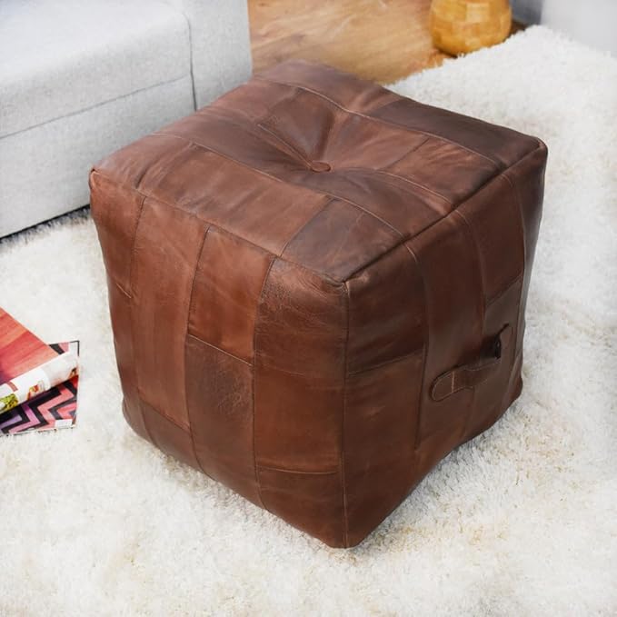 Handmade Eco-Friendly Geometric Leather Pouf Brown Color Square 14" x 14" x 14" Pouf for Living Room, Bedroom Seating, Patio