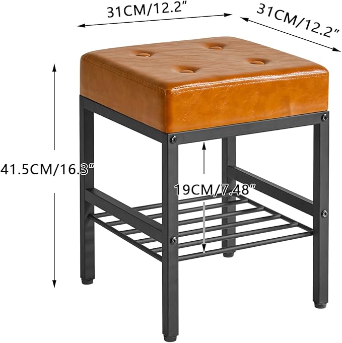 IBUYKE Square Makeup Stool with Adjustable Feet and Storage Space, Footrest Chair, PU Vanity Seat, Multi-Use as Small Side Table or Ottoman, for Bedroom, Light Brown LG-60J