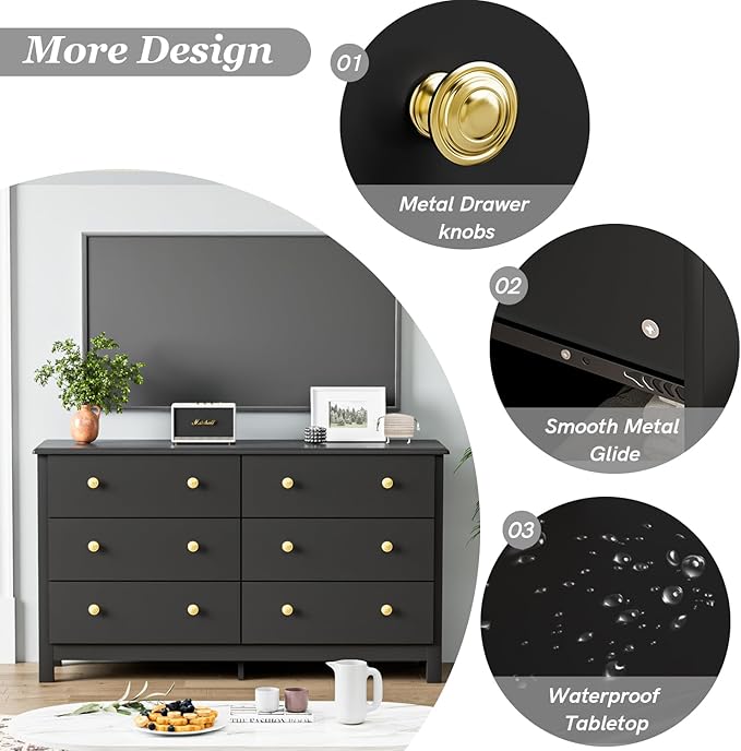 Black Dresser, Modern 6 Drawer Double Dresser for Bedroom with Gold Knobs, Adults & Kids Wide Dressers & Chests of Drawers for Hallway, Entryway