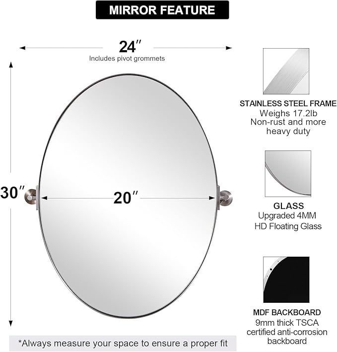 ANDY STAR Brushed Nickel Bathroom Mirror, 20 x 30 Inch Oval Pivot Mirror for Wall, Unique Farmhouse Tilt Mirror in Slim Silver Stainless Steel Metal Frame for Bedroom, Powder Room