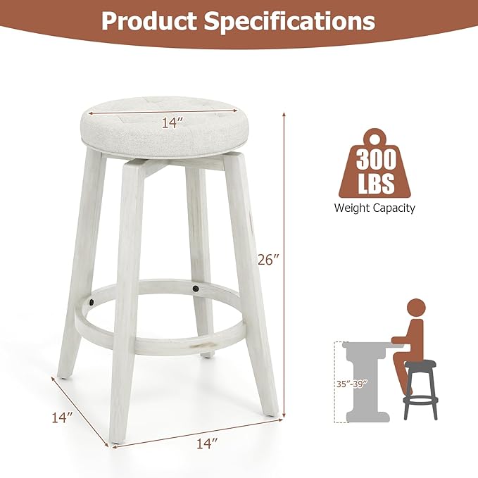 COSTWAY 360° Swivel Bar Stools Set of 4, 30-inch Height Vintage Upholstered Rubberwood Backless Bar Chairs with Footrest, Retro Kitchen Counter Stools for Kitchen Island Dining Room Home Bar, White