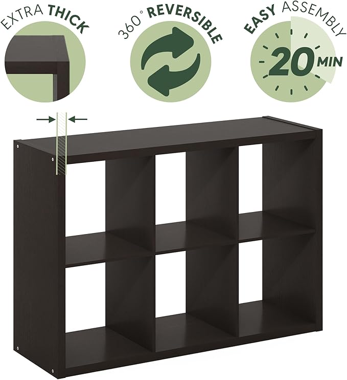 Furinno CUBICLE Book Shelf, 6-Cube Thick Frame Bookshelf, Horizontally & Vertically Reversible Bookcase with Open Back, 14.6 x 43.8 x 30, for Living Room, Bedroom, Home Office, Black Dark Oak