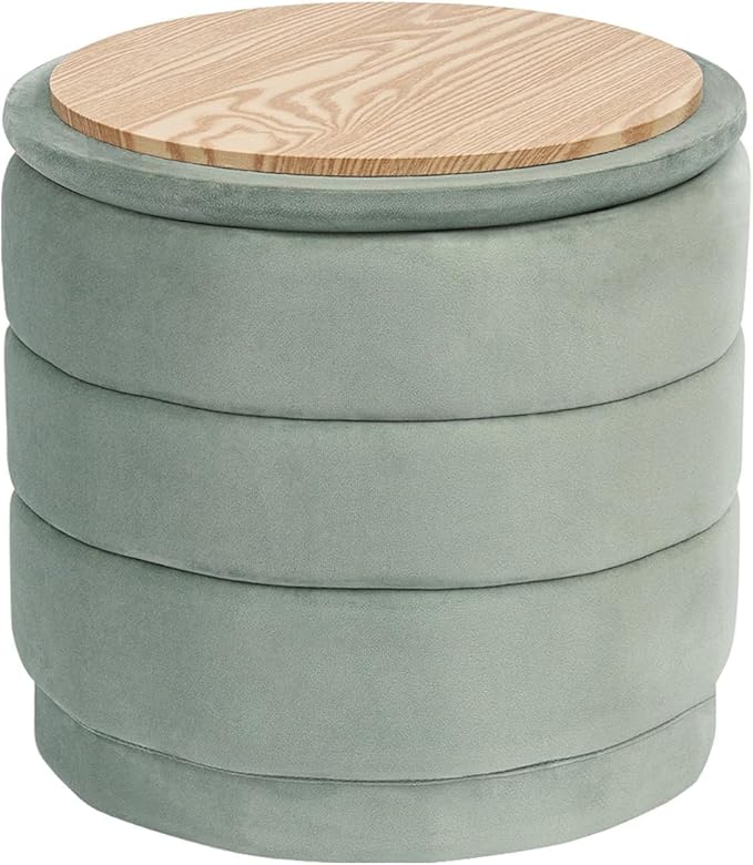 PINPLUS Round Velvet Ottoman Tray, Sage Upholstered Decorative Accent for Footstool or Coffee Table, Removable Serving Surface