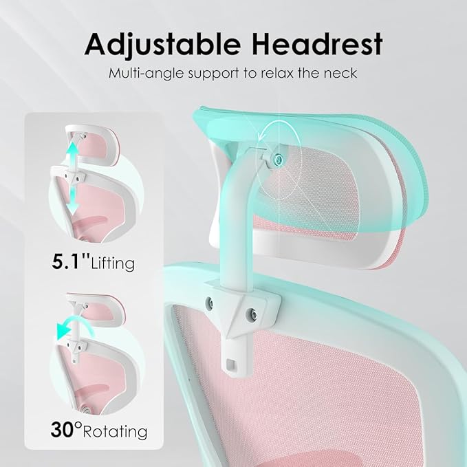 Farini Ergonomic Office Chair, Home Office Desk Chair with Headrest, High Back Computer Chair with Armrests and Adjustable Lumbar Support for Home Office Study Room, White & Pink